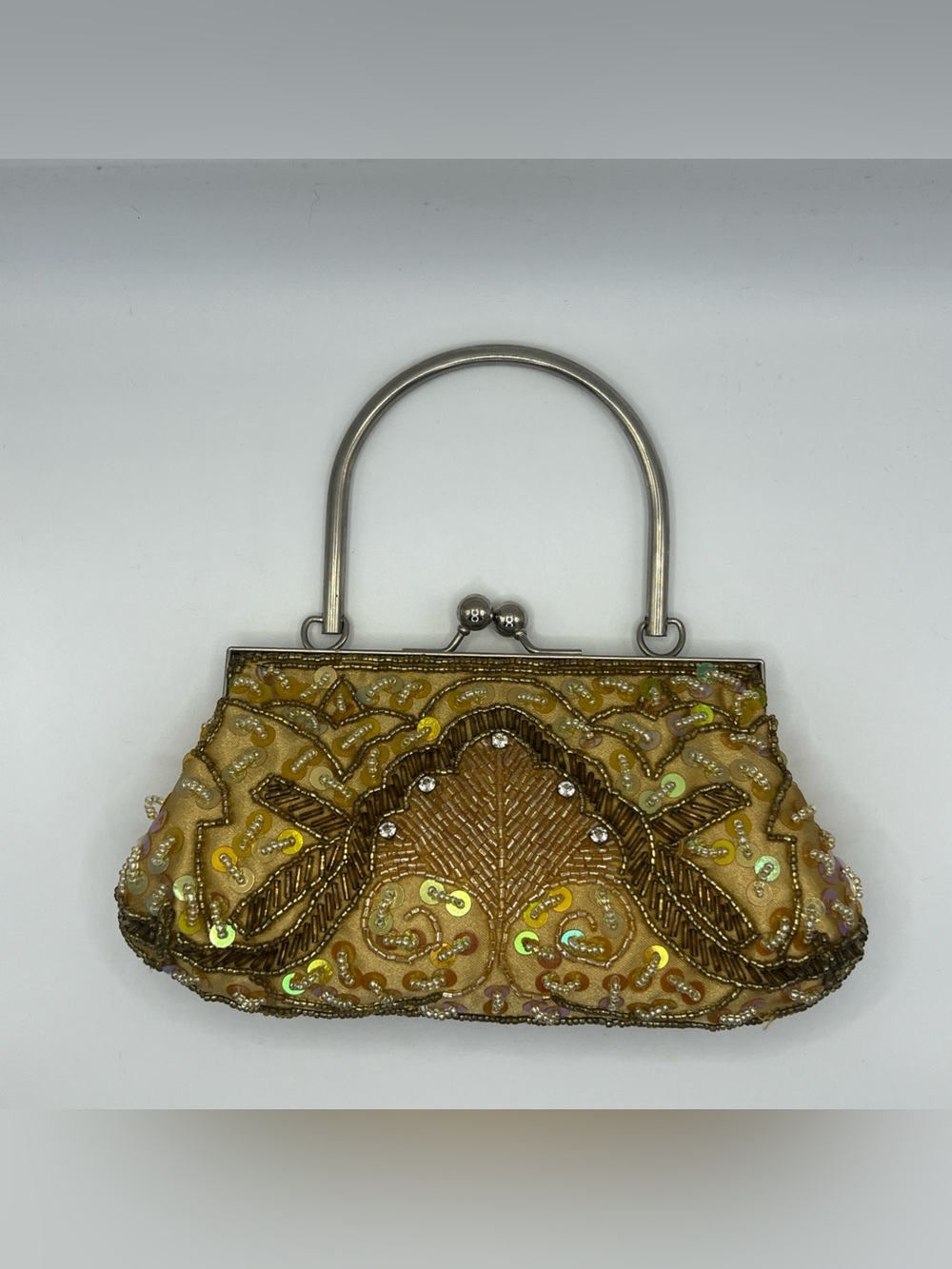Bijoux Terner Gold Beaded Clutch Purse Sequin Evening Bag Kiss Lock ArtDeco VTG